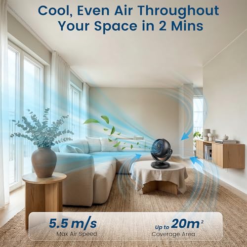 Deeylious Ventilator Leise, 22dB Tischventilator sehr Leise, Fan mit 3 Geschwindigkeiten 100°+70° Verstellbare Neigung für 20m² Räume, Kraftvoll 3D Turbo Ventilatoren für Büro, Schlafzimmer, Schwarz