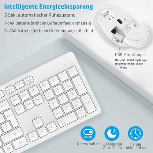 LeadsaiL K786 Tastatur Maus Set Kabellose, Tastatur und Maus, QWERTZ Deutsches Layout Funktastatur mit Maus, Flüsterleiser Tastenanschlag, 2.4 GHz mit 2-in-1 USB Nano Empfänger für PC/Laptop (Weiß)