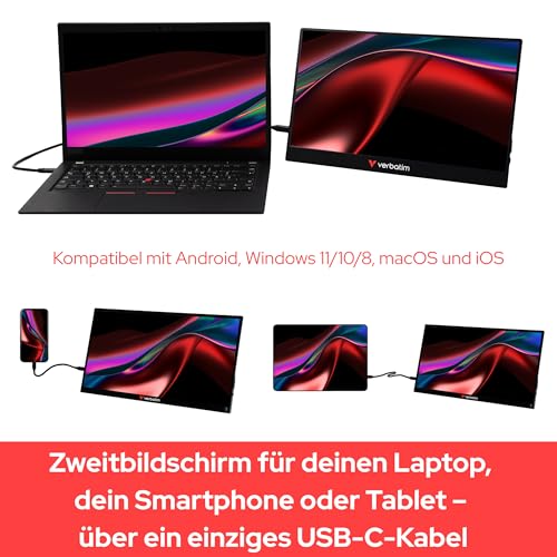 Verbatim 49590 Tragbarer Monitor 14", 1920x1080 Full HD LCD, Schwarz, PM-14 | Tragbarer Monitor mit Aluminiumgehäuse, USB-C und HDMI für Laptop, MacBook, PC, Konsole und mobiles Arbeiten