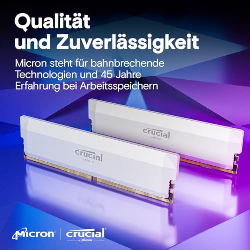 Crucial Pro DDR5 RAM 32GB Kit (2x16GB) 6400MHz CL38, Overclocking Gaming, Intel XMP 3.0 / AMD Expo, PC Computer Arbeitsspeicher, Weiß - CP2K16G64C38U5W