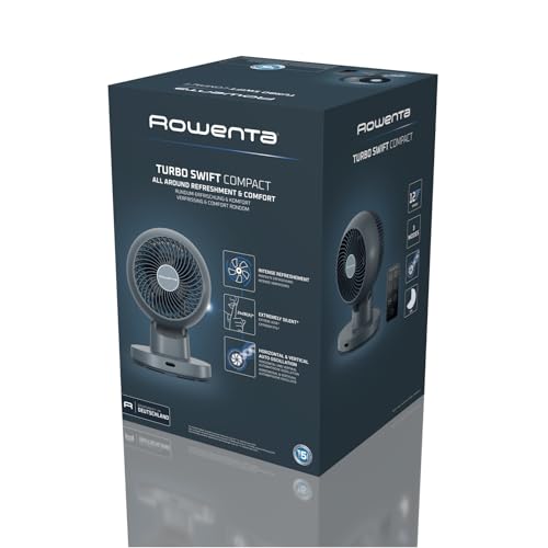 Rowenta Turbo Swift Compact Tischventilator QV2540 | Multidirektionale Schwenkfunktion, bis zu 50% Energieeinsparung, 12 Geschwindigkeitsstufen, 12h Timer, Farbe: Blau