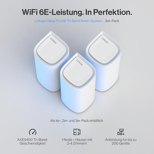 Linksys Velop Pro WiFi 6E Mesh-System MX6203-KE – Cognitive Mesh-Router mit 6-GHz-Band-Zugriff und 5,4 Gbit/s – Mesh-Abdeckung für bis zu 825 m² und 600 Geräte – 3er-Pack