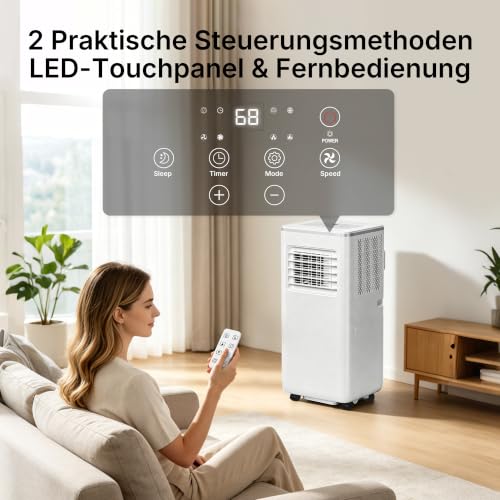 HEALLUX Mobile Klimaanlage 9000 BTU 2,6 kW, tragbares Klimagerät mit Fernbedienung & Abluftschlauch, 4-in-1: Kühlen, Lüften, Entfeuchten, Timer 24h, für Räume bis 40 m², Weiß