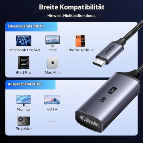 UGREEN USB C auf DisplayPort Adapter, DP 2.1, 16K 60Hz, 8K 120Hz, 4K 240Hz