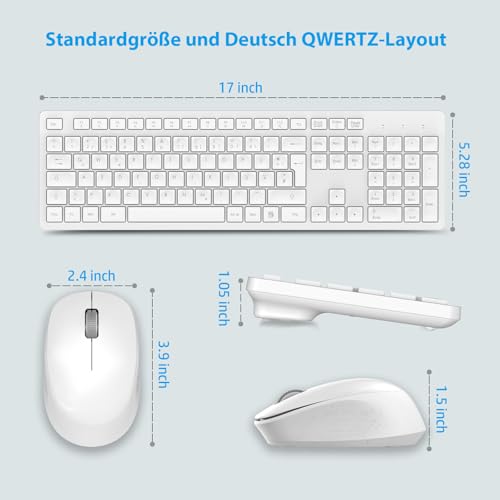LeadsaiL K786 Tastatur Maus Set Kabellose, Tastatur und Maus, QWERTZ Deutsches Layout Funktastatur mit Maus, Flüsterleiser Tastenanschlag, 2.4 GHz mit 2-in-1 USB Nano Empfänger für PC/Laptop (Weiß)