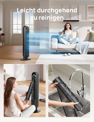 DREO Leiser Turmventilator, 10 m Wurfweite 8 Geschwindigstufen 4 Modi 8 Std. Timer 90° oszillierende Ventilator mit Kühlung Fernbedienung für Schlafzimmer,Turmventilator 307, Schwarz