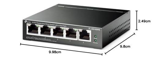 TP-Link TL-SG105PE 5-Port Gigabit Managed LAN PoE Switch mit 4 PoE+ Ports (65 Watt, IEEE-802.3af/at, einfache Konfiguration, IGMP, QoS, VLAN, lüfterlos, Robustes Metallgehäuse) Schwarz