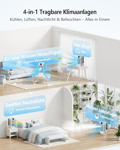 Aiorber Mobil Klimaanlage Mini Luftkühler: Ventilator mit Wasserkühlung 2000ml Wassertank-120°Oszillation, 4 Windstufen, LED, Timer-Fernbedienung Klimagerät ohne Abluftschlauch für Zuhause&Büro
