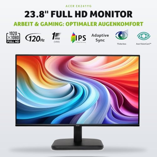 Acer EK241YG Monitor 24 Zoll (60,5 cm) Full HD, IPS, 120Hz, Home Office | 24 Zoll (60 cm Bildschirm) Full HD, 120Hz, 1ms (VRB), HDMI, AdaptiveSync, 99% sRGB, VESA