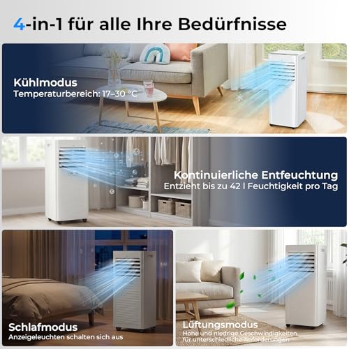 Klimaanlage Mobil 9000 BTU, LEENON 4 in 1 Klimagerät Entfeuchten Ventilato & Schlafmodus, Mobile Klimaanlage mit Abluftschlauch, Fernbedienung/24h Timer, Tragbare Klimagerät Für Räume bis 30 m ²