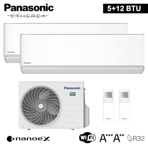 Panasonic Dual Split Klimaanlage Etherea 5000+12000 BTU, WiFi, NanoeX | Klimagerät mit 2 Innengeräten, A+++ Kühlen, A++ Heizen, bis 21 dB(A), mit Wärmepumpe