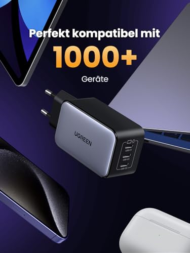 UGREEN Nexode 65W USB C Ladegerät, 3-Port, GaN Netzteil, PPS Charger 60W