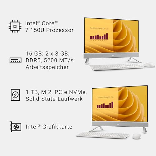 Dell 27 All-in-One PC EC27250, 27,0 Zoll FHD, Intel Core 7 150U, 16GB | Windows 11 Home, DDR5 RAM, 1TB SSD, IPS Non-Touch, Graphics, Wi‑Fi 6E, Bluetooth 5.2, Kabellose Tastatur & Maus, Weiß