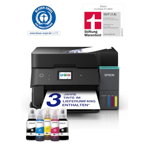 Epson EcoTank ET-4955 A4-Multifunktionsdrucker mit Wi-Fi & AirPrint Tintentank, automatischem Dokumenteneinzug, Duplexdruck, Scannen, Kopieren & Fax, bis zu 3 Jahre Tinte im Lieferumfang enthalten
