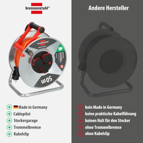 Brennenstuhl Garant S V2 IP44 Kabeltrommel 50m outdoor aus Stahlblech | Made in Germany, Kabel in Signalfarbe orange, kurzfristiger Einsatz im Außenbereich