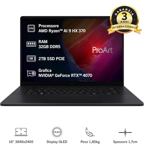 ASUS ProArt P16 OLED H7606WI#B0D5RH8WWR Notebook aus Aluminium mit 16" Glossy Monitor, AMD Ryzen AI 9 HX 370, 32GB RAM, 2TB SSD PCIE, NVIDIA GeForce RTX 4070, Win 11 Home, schwarz