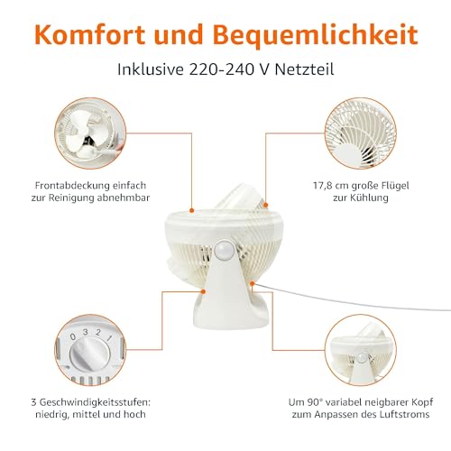 Amazon Basics Tisch-Ventilator tragbar, 18 cm, geräuscharme Kühlung, 3 Geschwindigkeiten, um 90° verstellbarer Winkel, Weiß, 15,49 x 27,3 x 27,69 cm