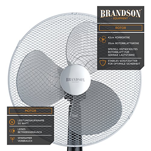 Brandson Standventilator 40cm, 50 Watt, oszillierend, Silber-Schwarz | Höhenverstellbar 104 bis 122 cm, 3 Stufen, Oszillation 80°, Neigung 30°, Rotor 35 cm, Schutzgitter, breiter Standfuß