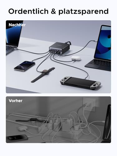 UGREEN 100W USB C Ladegerät 6-Port, 65W Desktop Ladestation, Laptop Charger | platzsparend für Schreibtisch, PPS Schnellladegerät, kompatibel mit MacBook Pro/Air, iPhone 17, Galaxy S26, Pixel 9, iPad