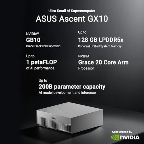 ASUS Ascent GX10-GG0026BN 2TB KI Supercomputer (NVIDIA GB10 Grace Blackwell Superchip, 1 petaFLOP -Leistung, 128 GB Speicher, DGX Spark, NVLink-C2C, ConnectX-7, kompakt)