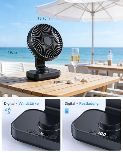 ArsMotin Tischventilator Automatisch Oszillierend, Leise 30 dB, Sanfter Luftstrom, 4500mAh Akku, USB-C, LED Display, Abnehmbar, 4 Geschwindigkeiten, Klein & Tragbar für Büro, Zuhause