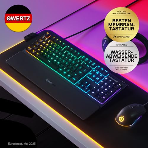 SteelSeries Apex 3 Gaming Tastatur - 10-Zonen RGB-Beleuchtung - Flüsterleise Gaming-Switches - Premium magnetische Handballenauflage - IP32 wassergeschützt - Deutsches (QWERTZ) Layout