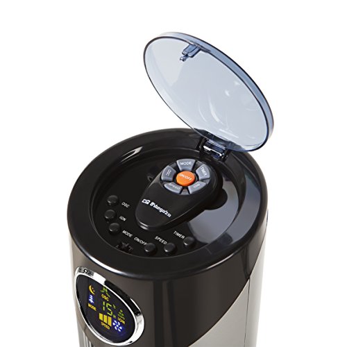 Orbegozo TWM 1015 - Ionischer Turmventilator, Fernbedienung, drei Ventilatormodi, digitales Display, Timer-Funktion, drei Geschwindigkeiten, leise, um 80 Grad drehbar, 45 W, Grau / Schwarz