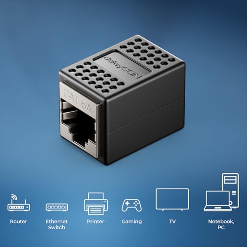 deleyCON 1 Stück RJ45 Kupplung (10 Gbit/s) LAN Kabel Verlängerung Netzwerkkabel Ethernet Adapter Verbinder Kompatibel zu Cat8, Cat7, Cat6, Cat5 Patchkabel LAN DSL POE 2X RJ45 Buchse - Schwarz