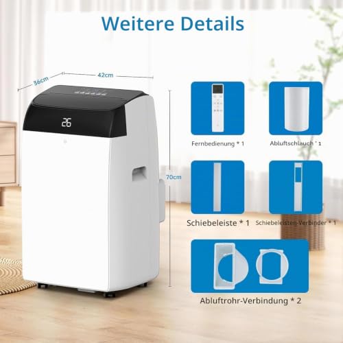 Klimaanlage Mobil 10000 BTU, A++ Energieeffizienz, R290 Kältemittel, 4‑in‑1 Mobile Klimageräte Ohne Außeneinheit, Kühlung, Entfeuchtung, Ventilator, Follow‑Me, Leise Bis 50 DB, Inkl. Fensterabdichtung