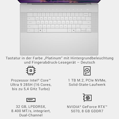 16 Premium Laptop DA16250-16,3" 4K OLED Touchscreen 120Hz, Intel Core Ultra 9 285H, RTX 5070, 32GB RAM, 1TB SSD, Windows 11 Home, Studio-Audio, QWERTZ, Platinum - 1 Jahr Dell Care Plus