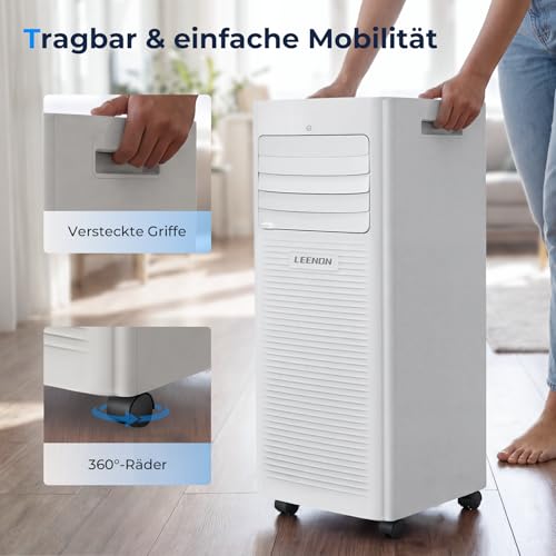 Klimaanlage Mobil 9000 BTU, LEENON 4 in 1 Klimagerät Entfeuchten Ventilato & Schlafmodus, Mobile Klimaanlage mit Abluftschlauch, Fernbedienung/24h Timer, Tragbare Klimagerät Für Räume bis 30 m ²