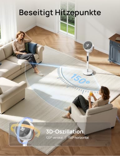 DREO 20dB leiser Smart Standventilatorr für Schlafzimmer mit RGB-LED, 150°+120° Oszillation, 30m Luftumwälzgebläse und 2209m³/h Luftvolume, 12 Geschwindigkeiten, 6 Modi, 94-107cm Höhe, WLAN & Alexa