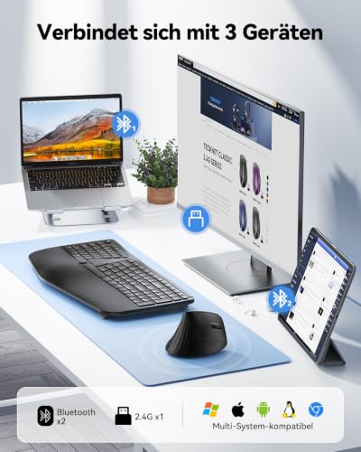 TECKNET Ergonomische Maus Kabellos, Bluetooth Vertikale Maus (BT 1+BT 2+2.4G), 5 Einstellstufen bis 4800 DPI, USB-A-Empfänger, Wiederaufladbar Leise Funkmaus für Laptop PC Computer Windows, Schwarz