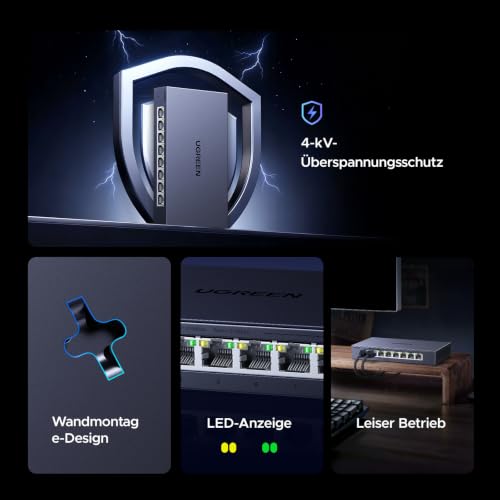 UGREEN 2.5G LAN Switch mit 8X 2.5G Ports, Plug & Play (8-Ports) | Unmanaged Netzwerk Switch für Computer, NAS, Desktop, Schnelle Datenübertragung, lüfterlos und leise, Robustes Metallgehäuse