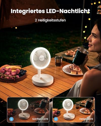 Gaiatop Faltbare Tischventilator mit Nachtlicht, 6000mAh Akku Ventilator