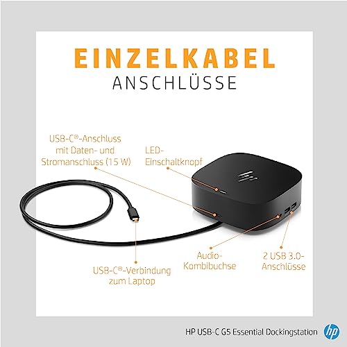 HP USB-C-Dockingstation G5 – Universelle USB-C Dockingstation mit 100W Power Delivery, Multi-OS Kompatibilität, Kompaktes Design, Netzwerkmanagement, Schwarz