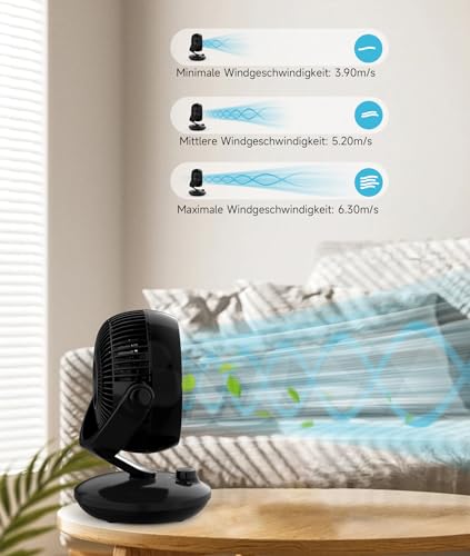 WOWDSGN Ventilator Leise, Tischventilator 24dB, Leistungsstarker 3D Turbo-Luftzirkulator - 100° & 80° Oszillation - 3 Geschwindigkeitsstufen für Schlafzimmer Wohnzimmer Büro Küchen - Schwarz