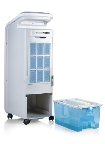 DOMO DO153A Mobiler Luftkühler - 3 in 1 (Luftkühler, Ventilator und Luftbefeuchter) - 5L Wassertank - 5 Funktionen - Bedienfeld mit LED - Inkl Fernbedienung und 2 Kühlelementen - Weiß