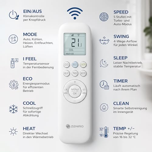 ZENIRO Multi Split Klimaanlage 2 Innengeräte Set (2 x 3,5kW) Klimagerät Air Conditioner mit Heizfunktion 21000 BTU 6,2kW A++ WiFi/App-Steuerung 4D AirFlow Heizen bis -20°C Vorgefüllt R32