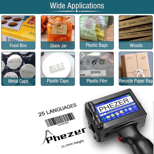 Phezer 0,5 Zoll P15 mobiler Handdrucker mit JS62 Quick-Dry Tinte, tragbarer Tintenstrahldrucker für QR-Code Barcode Datum MHD Chargennummer Logo und Seriennummer auf Karton, Kunststoff, Holz, Glas