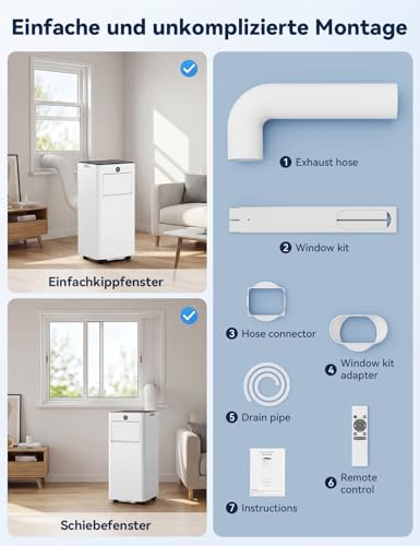 JUMMICO 7000 BTU Mobile Klimaanlage mit Abluftschlauch & Fensterkit | 4-in-1: Kühlen, Entfeuchten, Ventilator, Schlafmodus | Fernbedienung mit Timer | Für Räume bis 20 m²