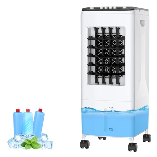 Mobile Klimaanlage ohne Abluftschlauch, 4-in-1 Luftkühler mit 6L Wassertank & 3 Kühlakkus, leiser Ventilator mit 35dB, energiesparendes Klimagerät für Zuhause, Büro, Schlafzimmer & Haustiere
