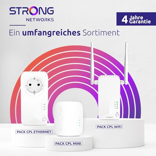STRONG - Powerline 600 Triple Wi-Fi EU Set - 2 Powerline 600 Mbps + WLAN Adapter 300 Mbps, Fast-Internetzugang - integrierte Steckdose - 300 m Reichweite - Für alle Router - Hotspot + Ethernet - weiß