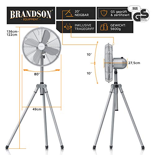 Brandson Standventilator mit Dreibeinstativ, 60 W, Rotor 45 cm, Silber | Tripod aus Metall, 3 Stufen, Oszillation 80°, Höhe 122 bis 136 cm, für Fotoshooting, Filmset, Bühne, Büro