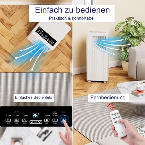 Thaookte 3-in-1 Mobilklimaanlage 9000 BTU mit Dual-Schlauch-Technologie, extrem leise (≤45 dB), 24h Vorwahl, kabellose Bedienung per Fernbedienung, 3 Funktionen Klimaanlage mobil für Räume bis 35 m²