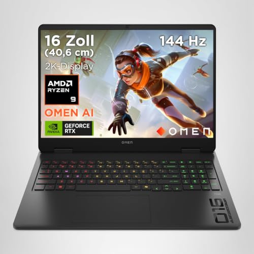 OMEN Gaming Laptop, 16" WUXGA Display 1920×1200, 16:10, 144Hz, AMD Ryzen 9 8940HX, NVIDIA GeForce RTX 5070, 32GB RAM, 1TB SSD, Win 11, 4-Zonen-RGB-QWERTZ Wi-Fi 6, Shadow Black, inkl. 3 Monate GamePass