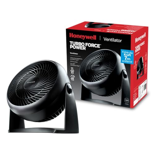 Honeywell TurboForce Turbo-Ventilator (Geräuscharme Kühlung, verstellbarer Neigungswinkel bis zu 90°, 3 Geschwindigkeitseinstellungen, Wandmontage, Tischventilator) HT900E, Schwarz
