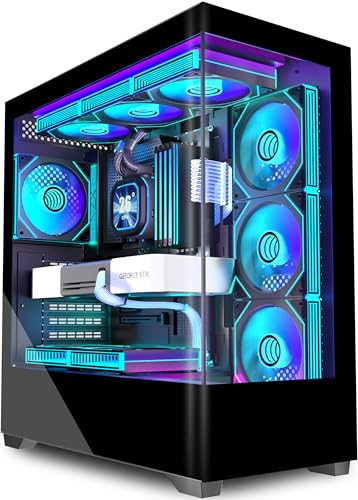 KEDIERS PC Gehäuse Vorinstallierter 7 × 120MM PWM ARGB Lüfter, ATX Mid Tower PC Gehäuse, Computergehäuse mit Panoramaaussicht Gehärtetes Glas Front Panel,Schwarz，P4 ARGB