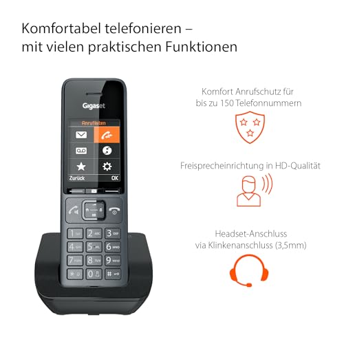 Gigaset Comfort 520 - Schnurloses DECT-Telefon - Elegantes Design, Brilliante Audioqualität auch beim Freisprechen, Komfort Anrufschutz, Adressbuch mit 200 Kontakten, titan-schwarz [Deutsche Version]