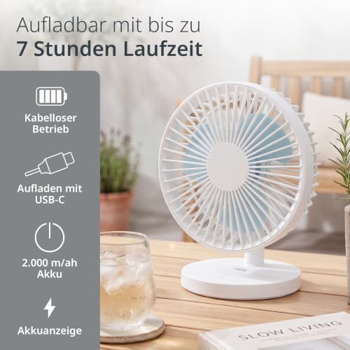 ADE Kleiner Ventilator sehr leise | USB Tischventilator 3 Stufen | Akku bis 7,5 h Laufzeit | 2.000 mAh | 90° Neigungswinkel | leicht und flexibel | weiß